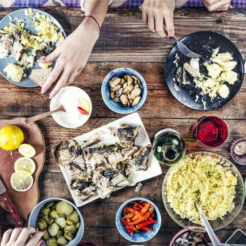 Food Concept, meals, snacks, dining table, Family dinner, top view. eating outdoor.
