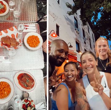 a combined photo showing a spread of pasta and members of the marathon and pasta club