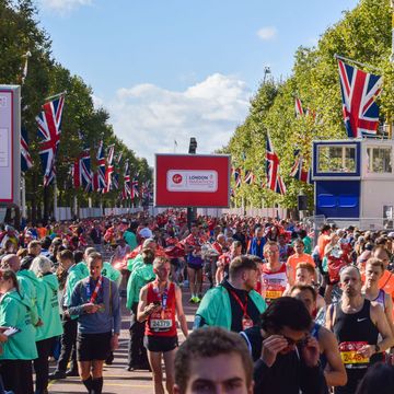 runners gather at the finish area in the mall during the